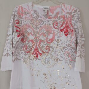 Chico’s Zenergy Women Top Size 2 (L) Scroll Print Metallic Embellished 3/4 Sleev